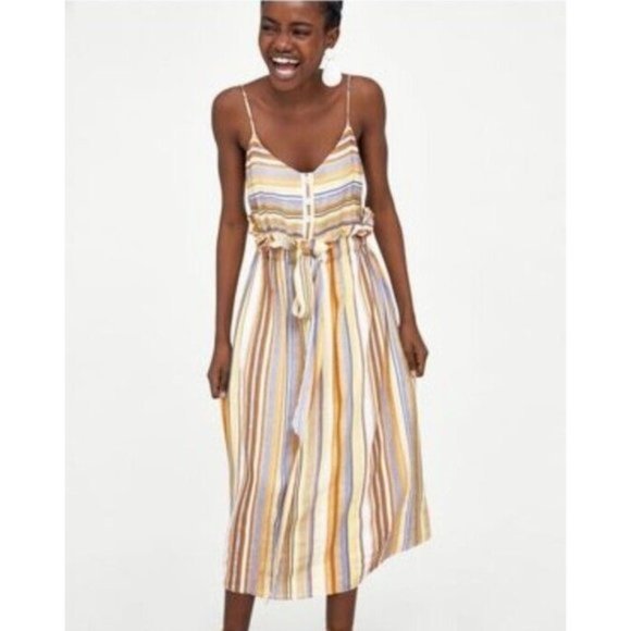 ZARA Womens Dress Linen Sze M stripped draw string holiday summer casual - Picture 1 of 8